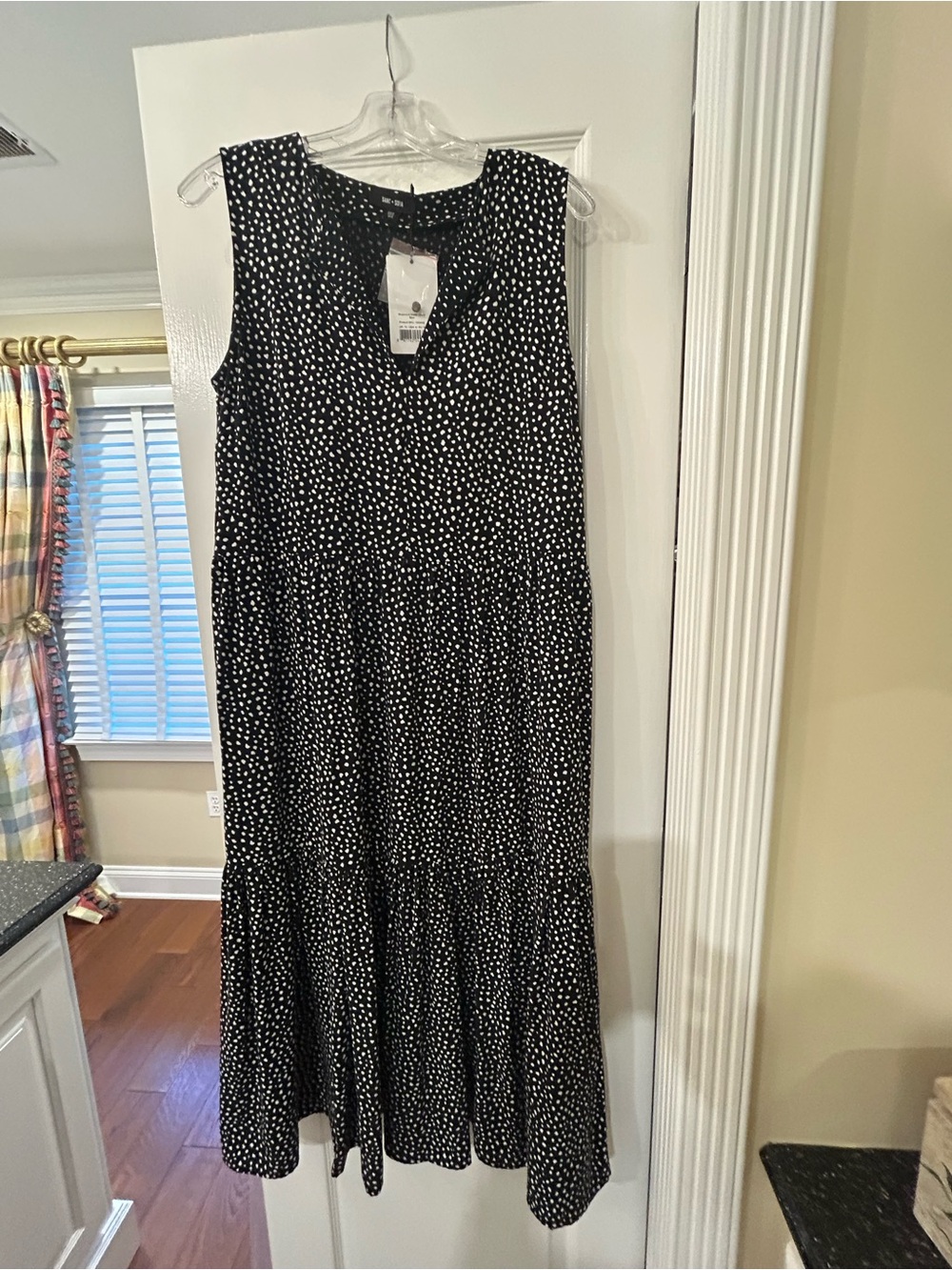 Saint & Sofia Sleeveless Black Polka Dot Tiered Maxi Dress